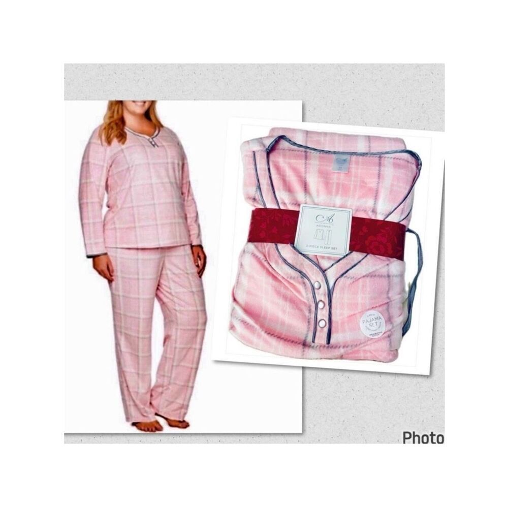 NWT 2 Pc Adonna 2X Pink Plaid Flannel Henley Top Elastic Waist Pants Pajama Set